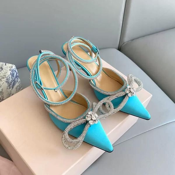

Luxury Designer high heeled sandals womens mach Satin Bow Dress shoes Crystal Embellished rhinestone stiletto Light Blue Heel ankle strap Evening shoe top quality, Only a shoe box
