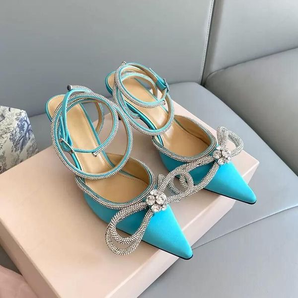 

Luxury Designer high heeled sandals womens mach Satin Bow Dress shoes Crystal Embellished rhinestone stiletto Light Blue Heel ankle strap Evening shoe top quality, Only a shoe box