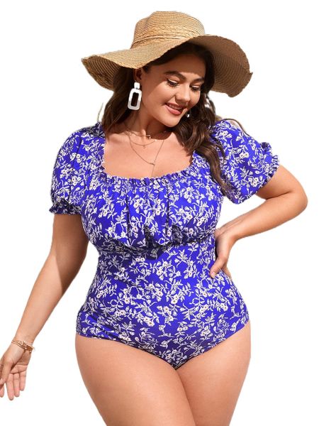 plus floral frill trim one piece swimsuit 75hu#, White;black