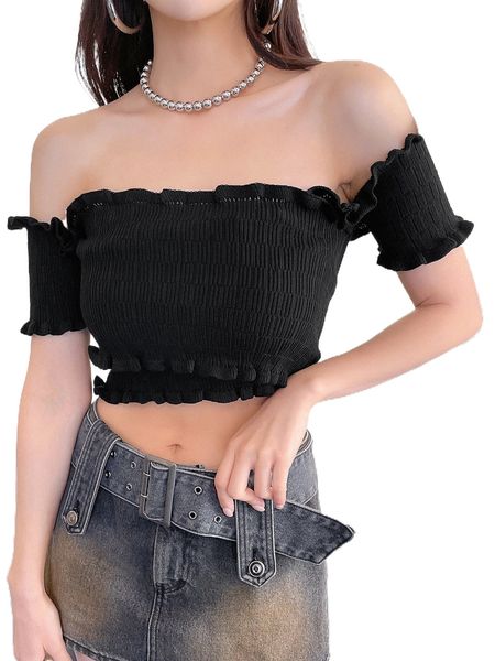 dazy off shoulder shirred frill trim crop tee q63t#, White
dazy off shoulder shirred frill trim crop tee q63t#, White