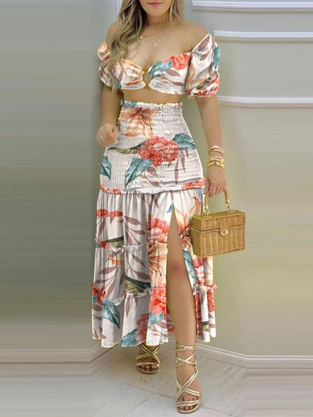 spring and summer womens dresses low cut printed high waist split dress set banquet for women, White
spring and summer womens dresses low cut printed high waist split dress set banquet for women, White