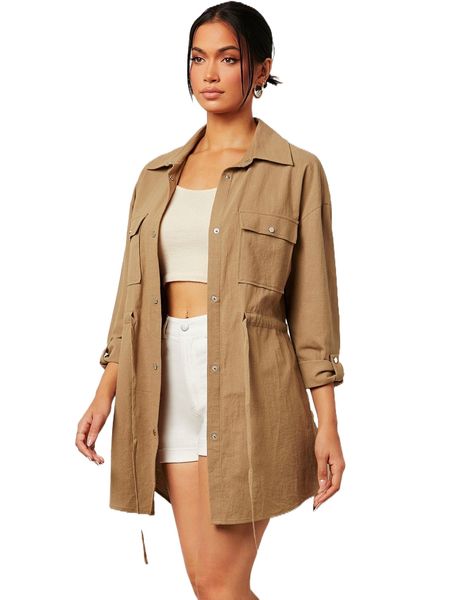 roll tab sleeve flap pocket drawstring waist shirt w593#, White