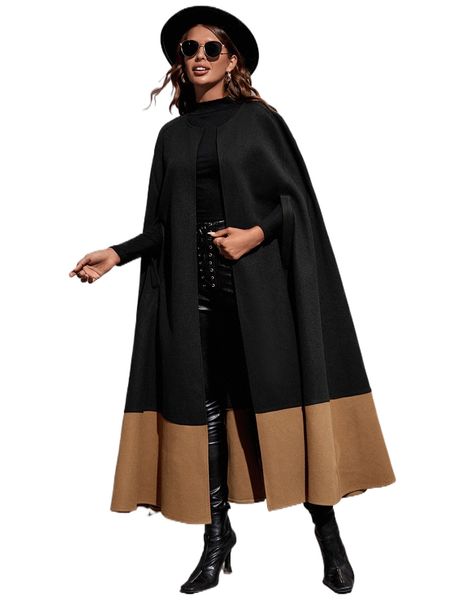 two tone open front cape overcoat y1z3#, Black
two tone open front cape overcoat y1z3#, Black