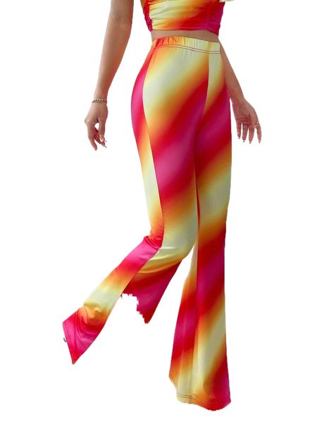 elastic waist ombre flare leg pants u6bm#, Black;white