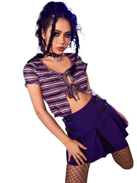 romwe striped tie front crop u2ag#, White