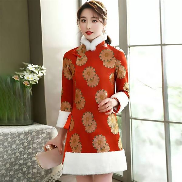 casual dresses festive year's clothes brocade jacquard cheongsam rabbit hair stand collar diagonal lapel buckle lace up waist dress 201, Black;gray