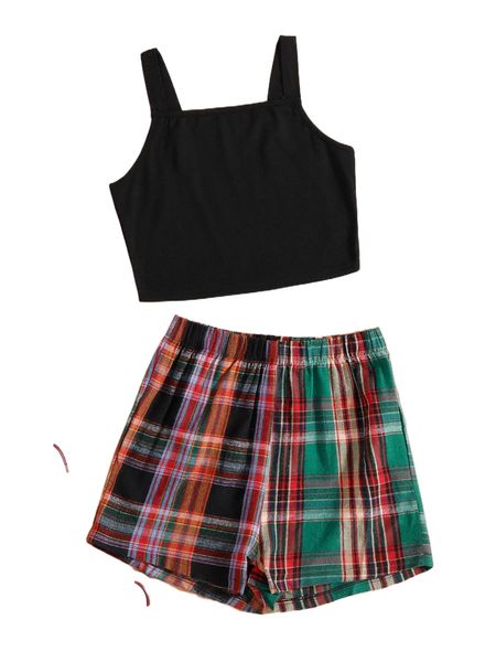 solid tank & tartan shorts t8p9#, White
solid tank & tartan shorts t8p9#, White