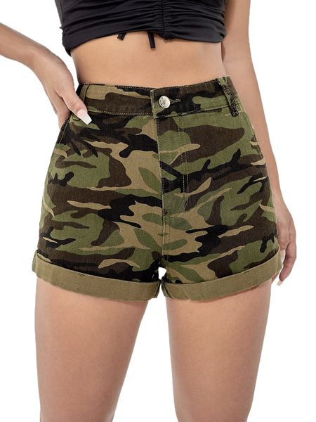 camo pattern rolled hem denim shorts e3z7#, White;black 
camo pattern rolled hem denim shorts e3z7#, White;black