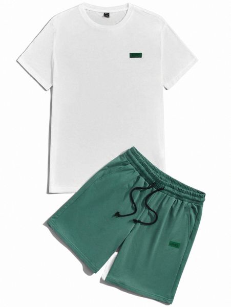 men patch detail tee and shorts set d59b#, Gray 
men patch detail tee and shorts set d59b#, Gray