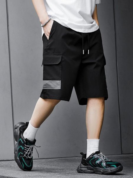 men contrast panel drawstring waist cargo shorts 83kt#, White;black