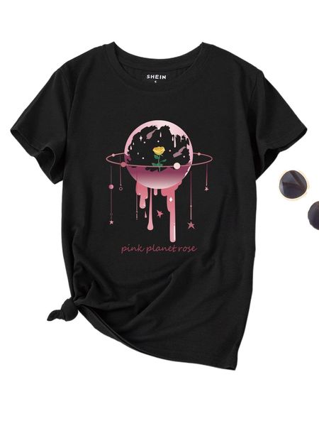 floral and planet print tee p40v#, White
floral and planet print tee p40v#, White