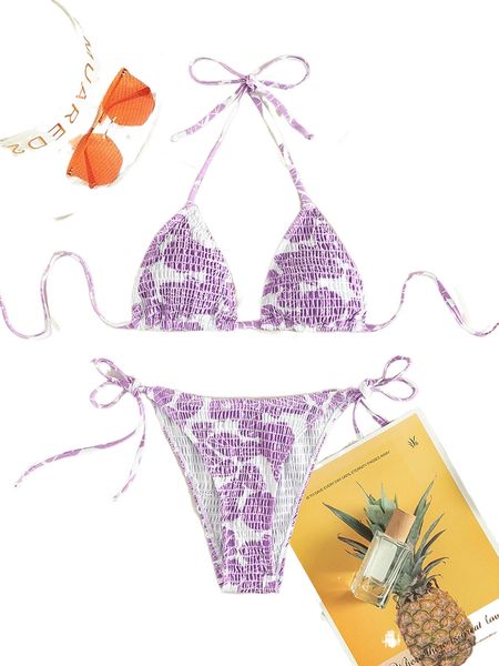 floral print smocked halter triangle bikini swimsuit 83vk#, White;black
floral print smocked halter triangle bikini swimsuit 83vk#, White;black