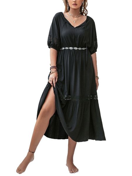 rusttydustty plus tie neck contrast lace lantern sleeve ruffle hem dress without belt w0no#, Black
rusttydustty plus tie neck contrast lace lantern sleeve ruffle hem dress without belt w0no#, Black