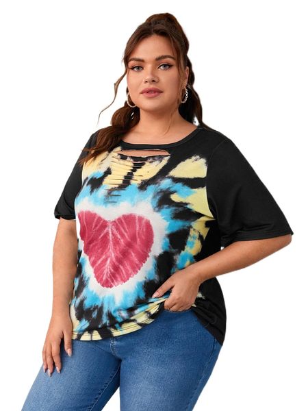 plus tie dye heart print cutout tee v2mw#, Black