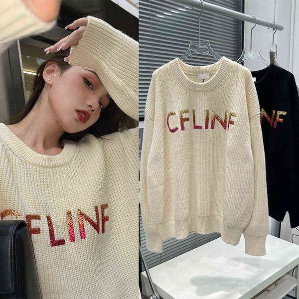 autumn two-color gradient sequin embroidery round neck knitted sweater loose women's top, White;black
autumn two-color gradient sequin embroidery round neck knitted sweater loose women's top, White;black