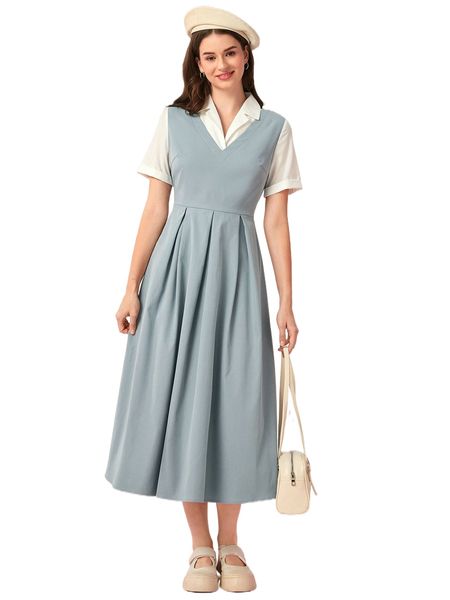 colorblock pleated hem dress b4vx#, Black;gray