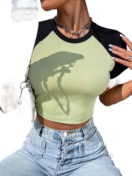 two tone rib-knit crop tee t4em#, White