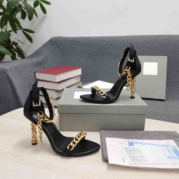 sandals women's shoes size34-43 genuine leather sandals super high heel chain pumps patent designer luxury shoes, Black