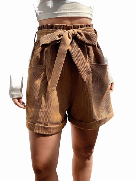 paperbag waist self belted cord shorts i21d#, White;black