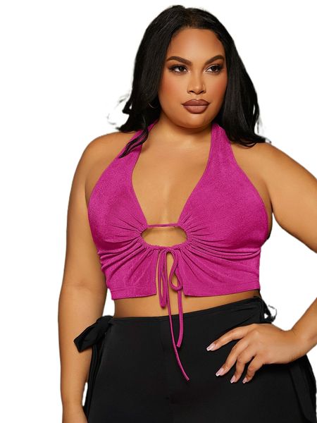 sxy plus tie backless drawstring crop halter b81d#, Black