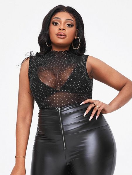 sxy plus rhinestone lettuce trim mesh without bra g2xd#, Black