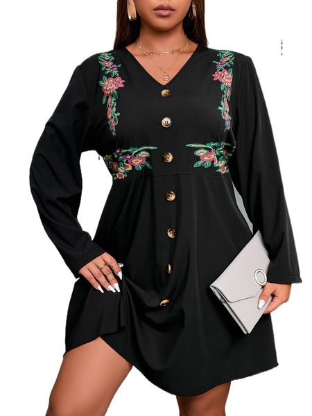 plus floral embroidery button front dress b5if#, Black 
plus floral embroidery button front dress b5if#, Black