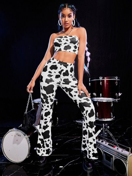cow print crop tube & flare leg pants v2hc#, White