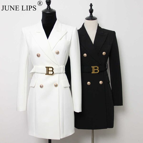 june lips 2022 women blue white red green brown ol office blazer dress with belt spring design new luxury buttons, White;black
june lips 2022 women blue white red green brown ol office blazer dress with belt spring design new luxury buttons, White;black