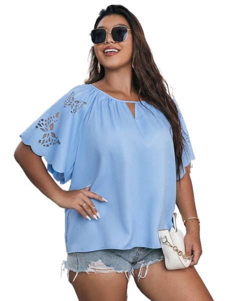 plus keyhole neck butterfly sleeve blouse o5fs#, Black