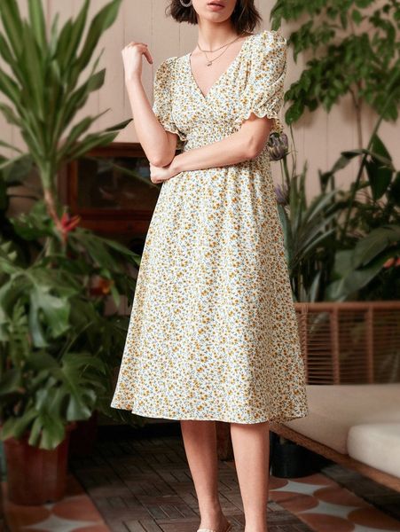 ditsy floral print shirred flounce sleeve a-line dress f1ld#, Black;gray 
ditsy floral print shirred flounce sleeve a-line dress f1ld#, Black;gray