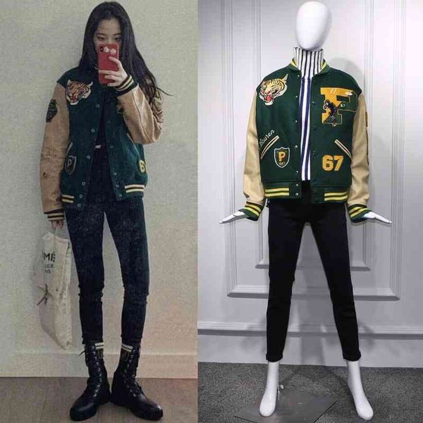 m's ouyang nana weibo same green woolen stitched pu leather embroidered tiger head baseball jacket, Black
m's ouyang nana weibo same green woolen stitched pu leather embroidered tiger head baseball jacket, Black