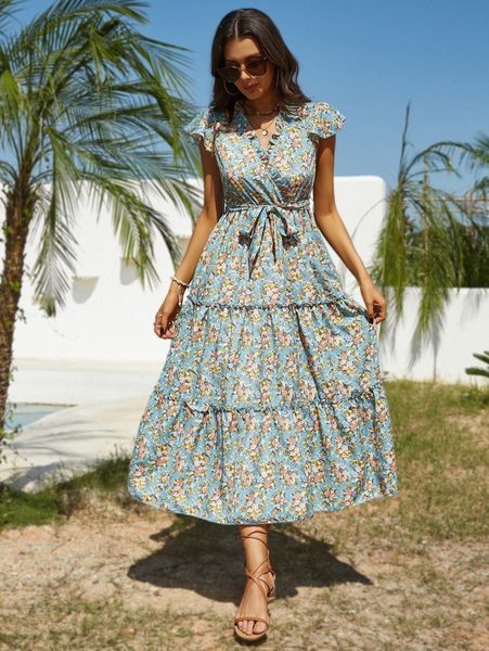 floral print frill trim layered hem belted dress 64kh#, Black;gray