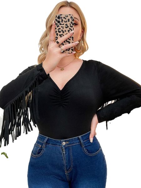 plus solid ruched fringe tee h0cu#, Black
plus solid ruched fringe tee h0cu#, Black