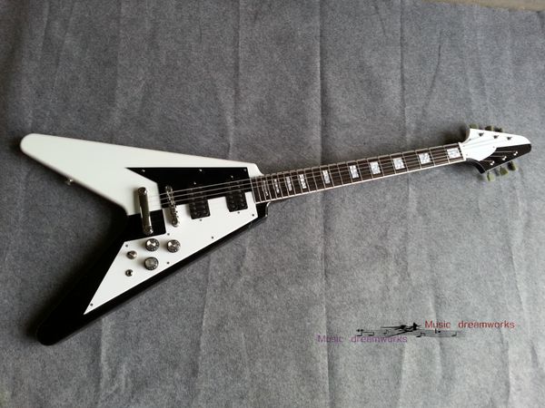 black and white two-color v-shaped aircraft six string electric guitar our store can customize various guitars
black and white two-color v-shaped aircraft six string electric guitar our store can customize various guitars