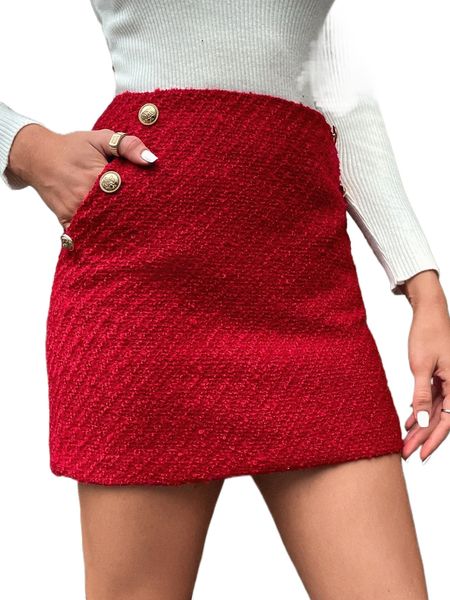 fake button slant pockets tweed skirt l856#, Black