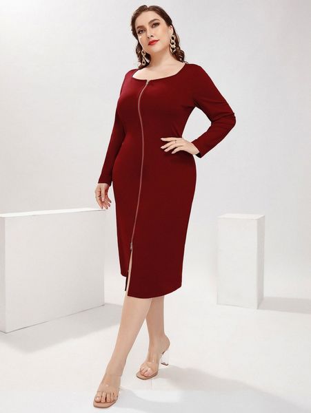 plus zip front scoop neck fitted dress f91g#, Black
