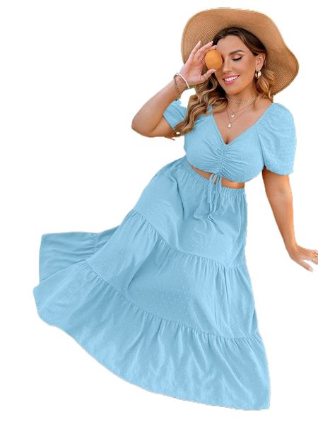 plus solid puff sleeve drawstring front shirred back crop & ruffle hem skirt m1fw#, Black
plus solid puff sleeve drawstring front shirred back crop & ruffle hem skirt m1fw#, Black