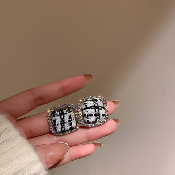 925 silver needle geometric black and white contrast color check striped stud earrings chessboard plaid earrings high-grade retro hong kong, Golden