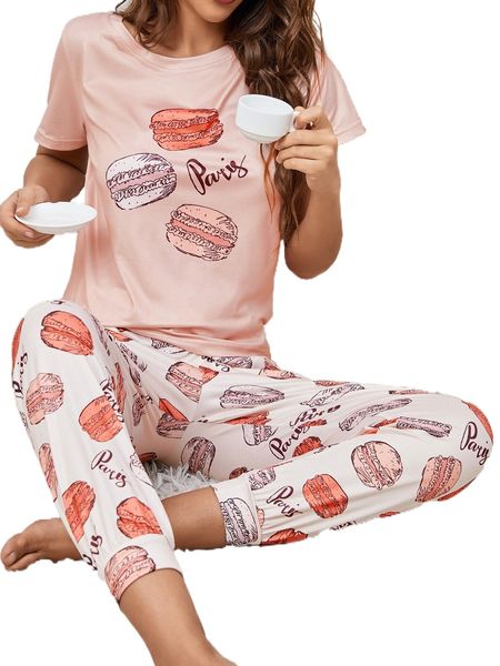 hamburger & letter graphic pj set j7xs#, Black;red