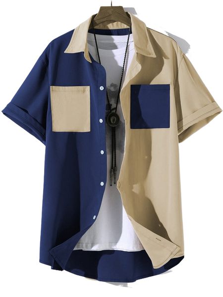 men colorblock patched pocket shirt without tee s0s1#, White;black 
men colorblock patched pocket shirt without tee s0s1#, White;black