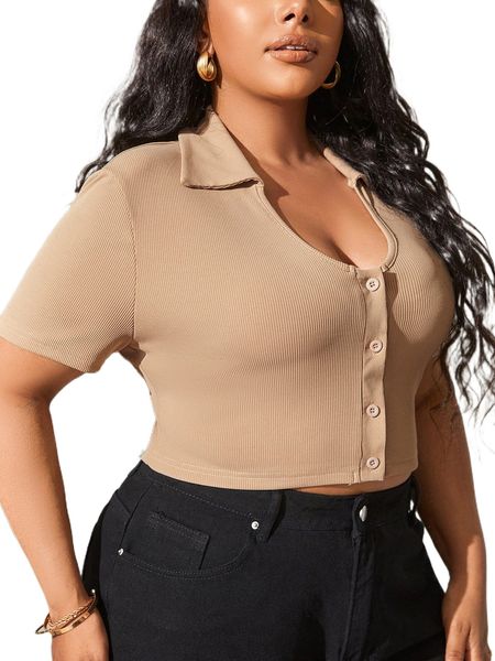 sxy plus ribbed knit button front tee e2nb#, Black