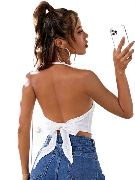 textured tie backless bandana halter 51qg#, White 
textured tie backless bandana halter 51qg#, White