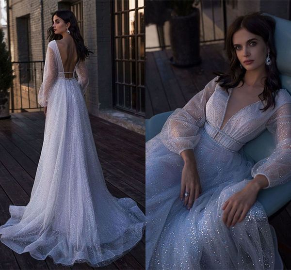 glitter shiny backless tulle boho chic wedding dress long lantern sleeve a-line v neck bridal gowns vestidos de noiva mariage, White
glitter shiny backless tulle boho chic wedding dress long lantern sleeve a-line v neck bridal gowns vestidos de noiva mariage, White