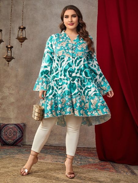 plus floral & paisley print flounce sleeve ruffle hem smock dress 18dh#, Black 
plus floral & paisley print flounce sleeve ruffle hem smock dress 18dh#, Black