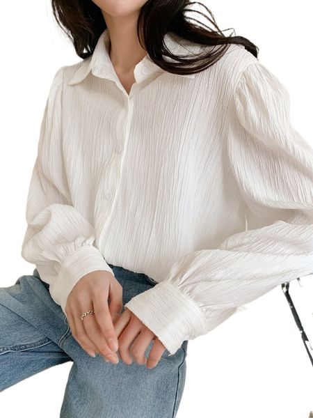 dazy puff sleeve press crease detail blouse t1rp#, White