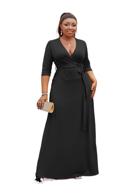 plus surplice neck knot front dress v0oo#, Black