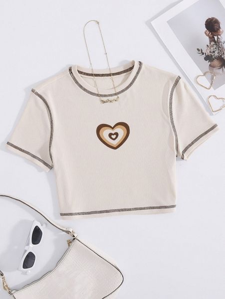 heart print rib-knit crop tee c0or#, White