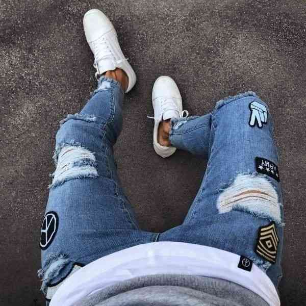men's jeans small foot badge jeans men's fashion knee hole zipper small pants diu1, Blue
men's jeans small foot badge jeans men's fashion knee hole zipper small pants diu1, Blue