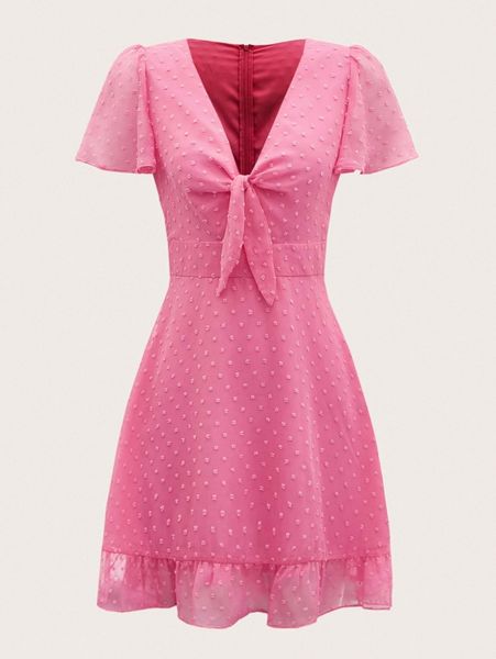mod swiss dot tie front ruffle hem dress c8c3#, Black;gray
