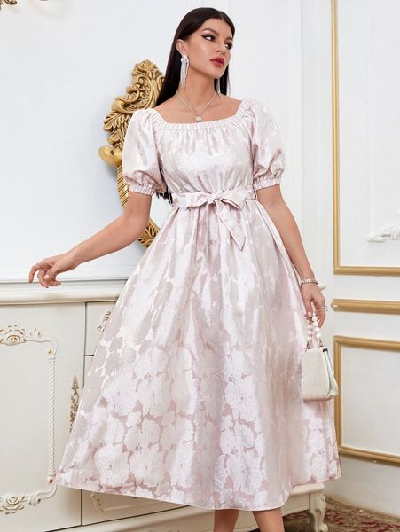 floral jacquard puff sleeve belted dress 27ku#, Black;gray